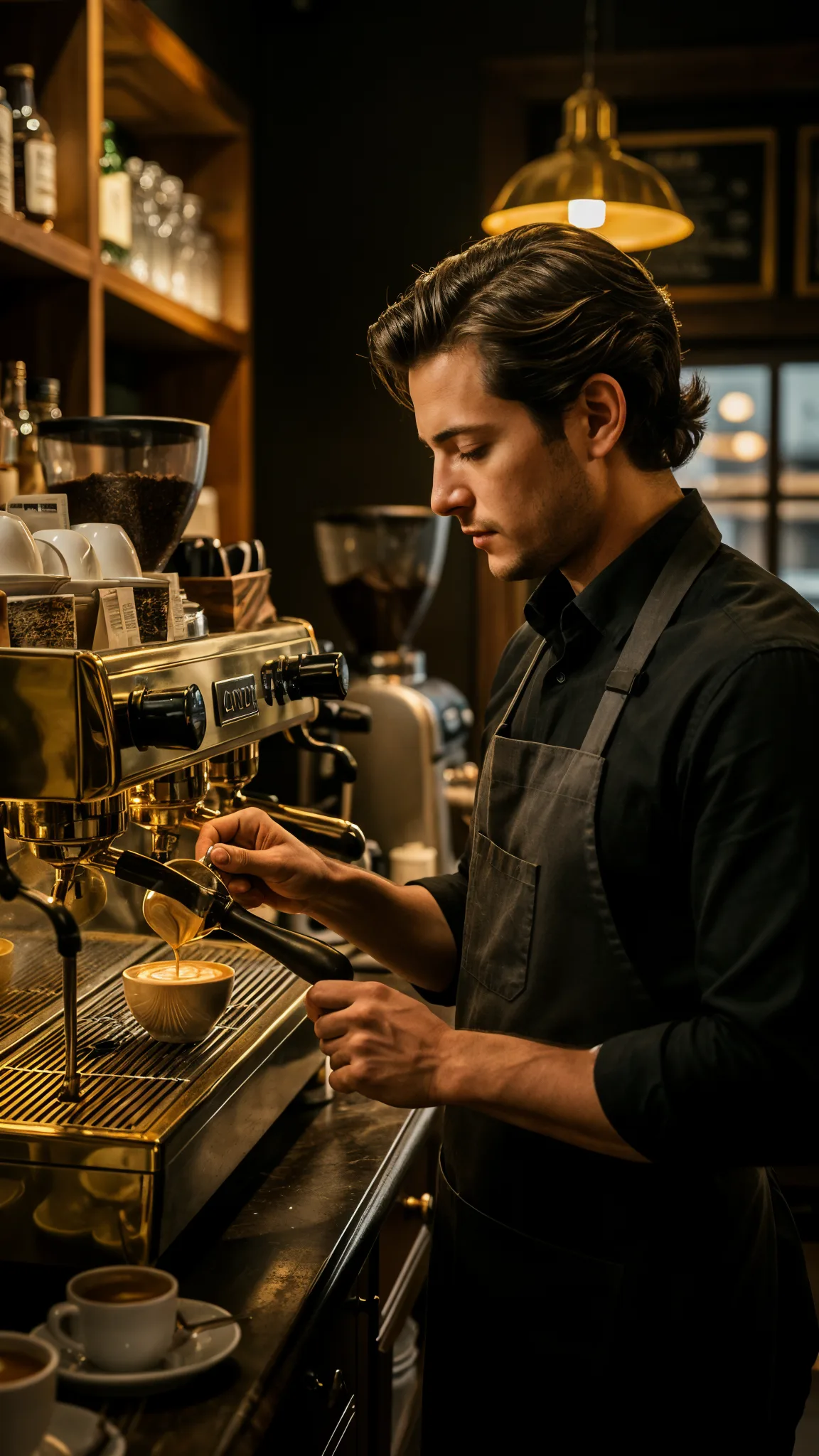 Barista gießt Latte Art an der Espressomaschine