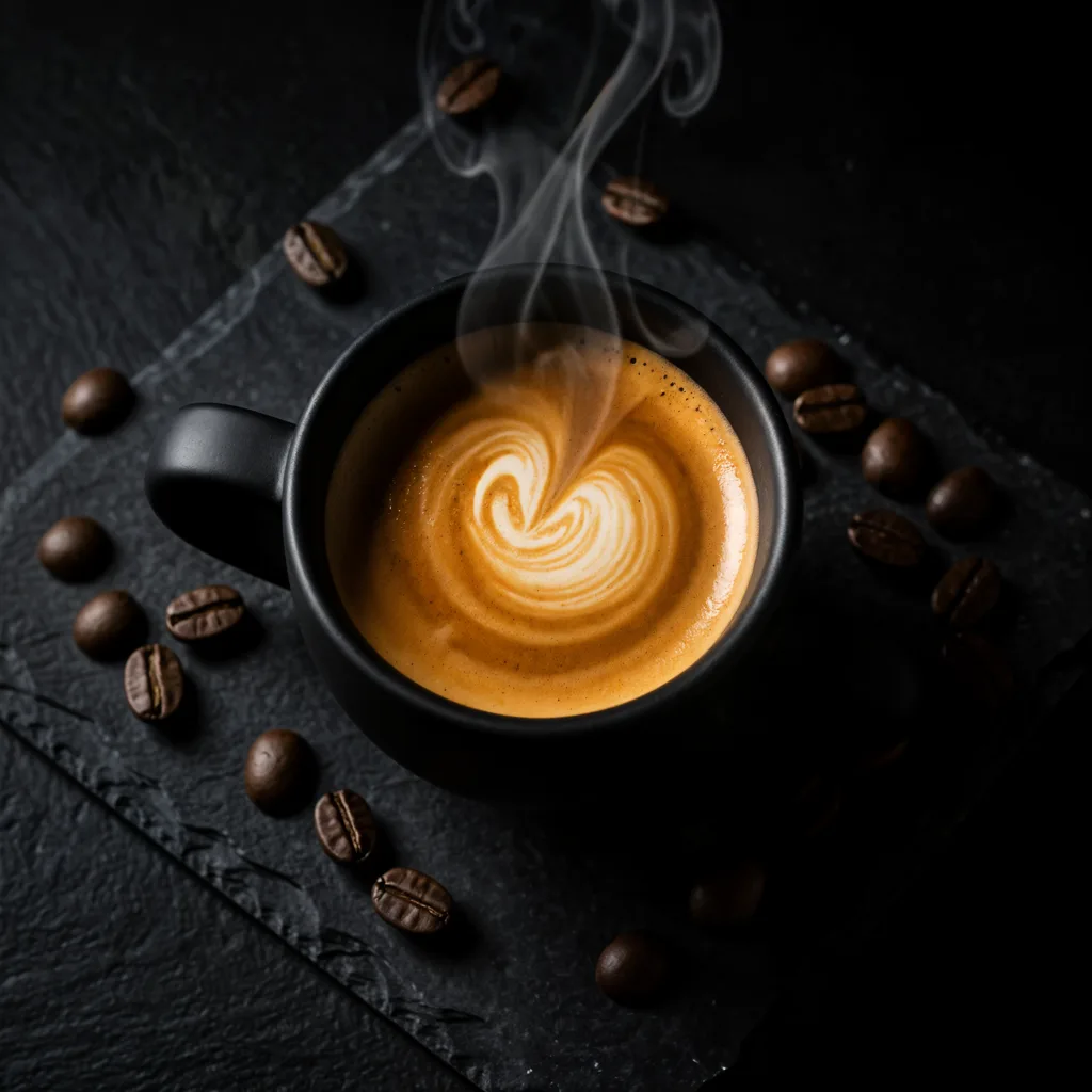 Doppelter Espresso mit perfekter Crema auf dunklem Schiefer