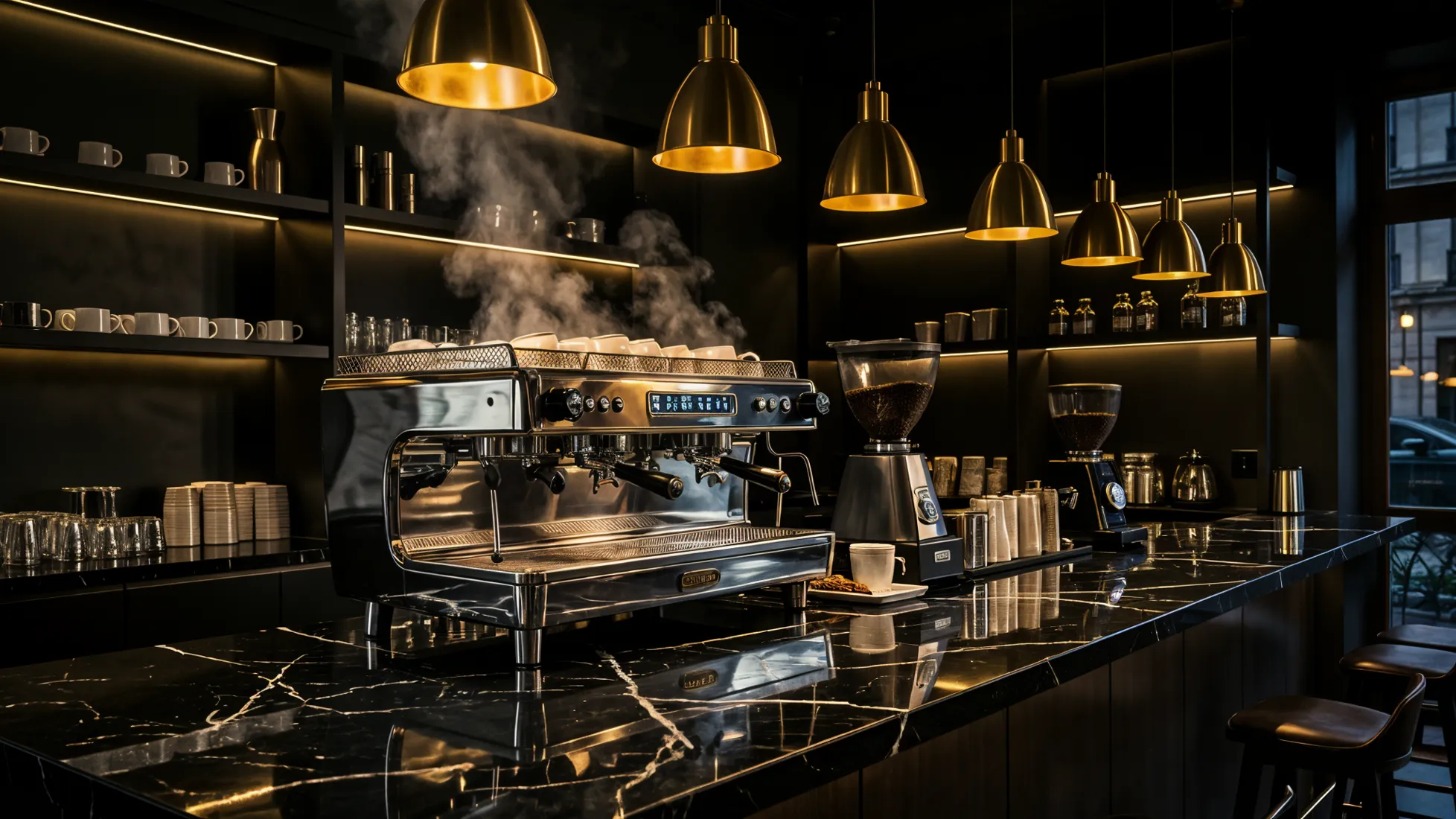 Dunkle, edle Espresso-Bar mit goldenem Licht